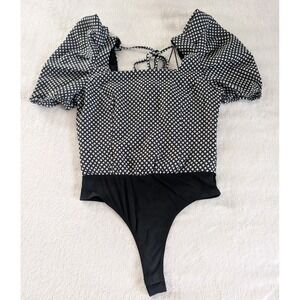TCEC Short Puff Sleeve Geo Print Bodysuit Women's Size M Black & White Neutral